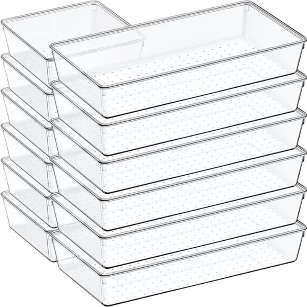 Clear drawer organizer set large plastic storage bins bathroom kitchen desk tray